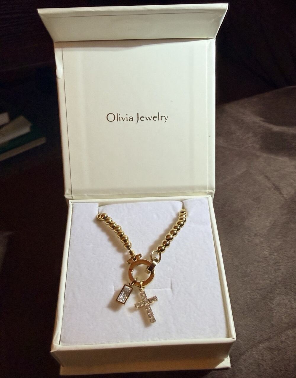 Olivia Jewelry Gold Tone Bead Chain bracelet Cross Charm Pendant CZ Clear